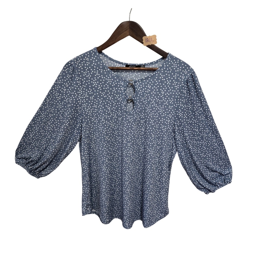 Cure Blue Polka Dot Keyhole Neck Puff Sleeve Ribbed Blouse M3-2815 Large